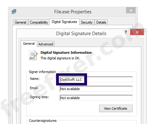 Screenshot of the OptiSoft LLC certificate